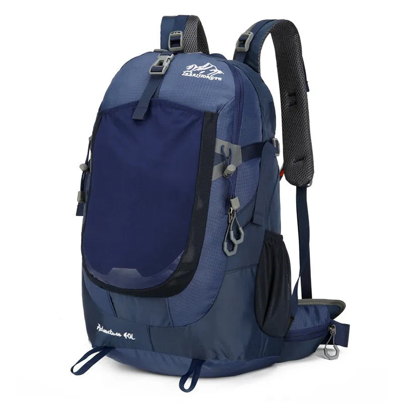 New outdoor 40L unisex large capacity backpack in black with curved shoulder straps and waterproof fabric