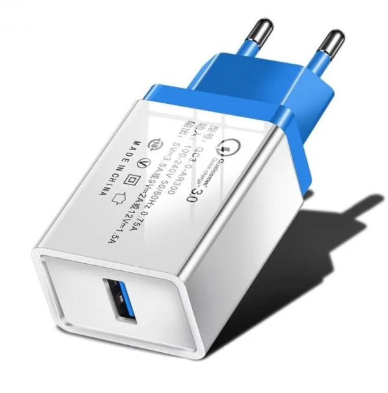 QC3.0 fast charge travel mobile phone charger in multiple colours with EU or US plug options