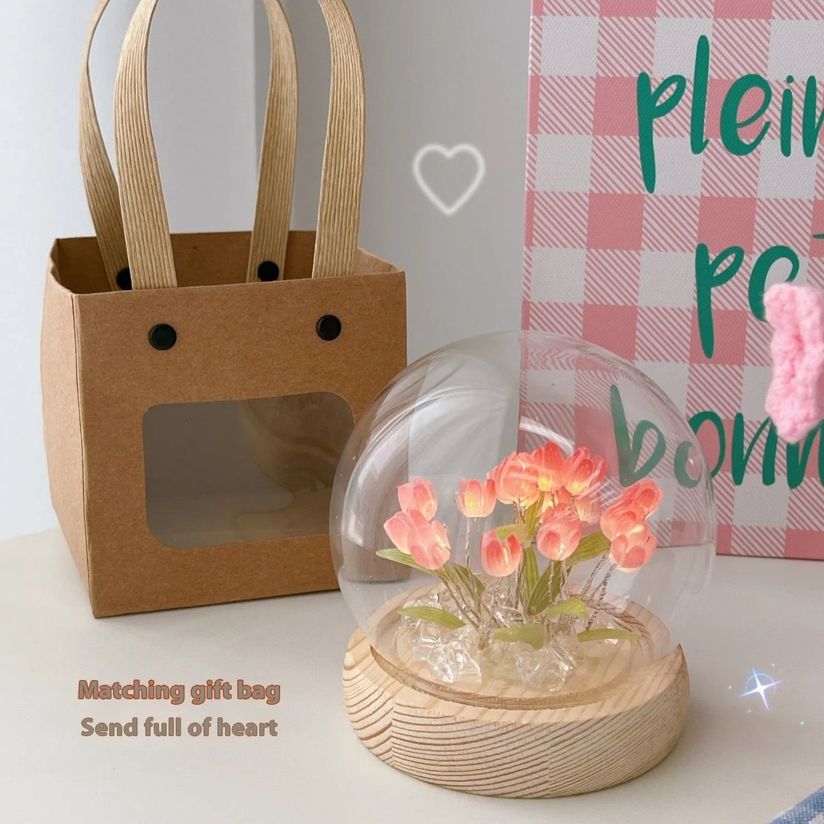 LED tulip artificial flower small night lamp in pink with battery-powered base, cartoon style decorative light