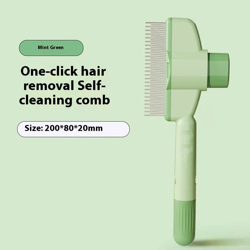 Green self-cleaning pet comb for dogs and cats with stainless steel teeth on a white background.