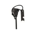 Black outdoor survival flint tool with magnesium rod, stainless steel scraper, whistle, and measurement scale.