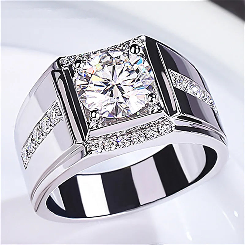 Men's adjustable open mouth imitation moissanite ring in electroplated copper with diamond geometry