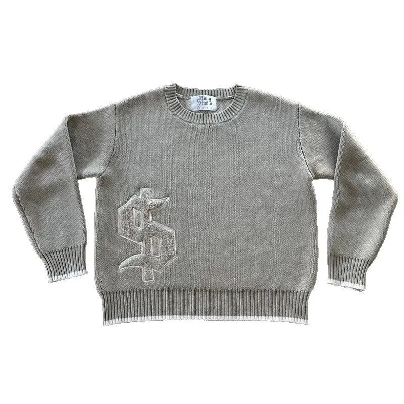Grey women's jacquard knitwear coat with loose fit and long sleeves