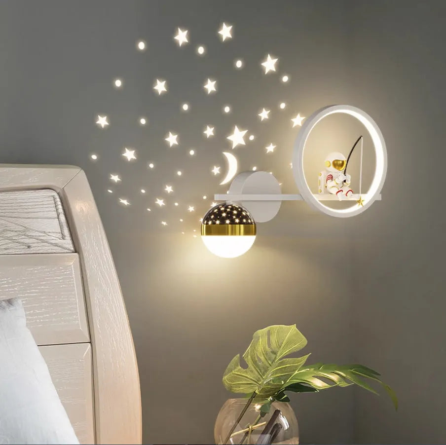 Cartoon astronaut starry sky ball bedside lamp Nordic style 220V children's room lighting white finish