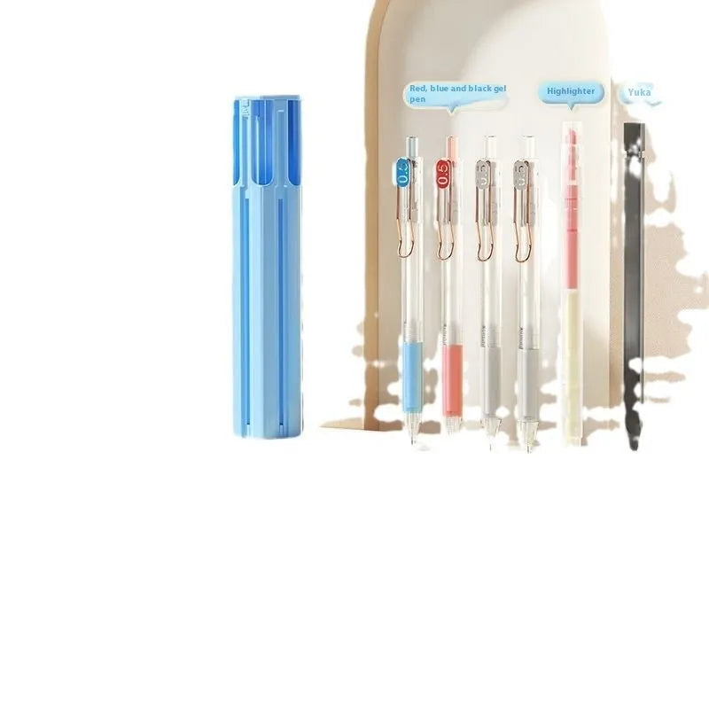 Plastic pencil case kit with pressing pen slots holding six pens in sky blue colour