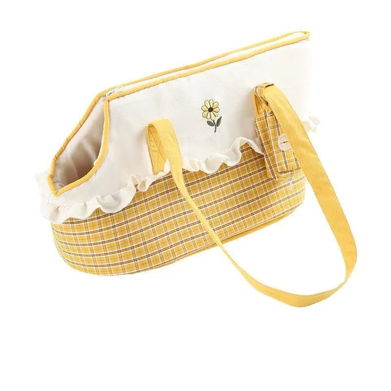 Soft plush pet carrier shoulder bag with cartoon pattern in green, red, and yellow colours
