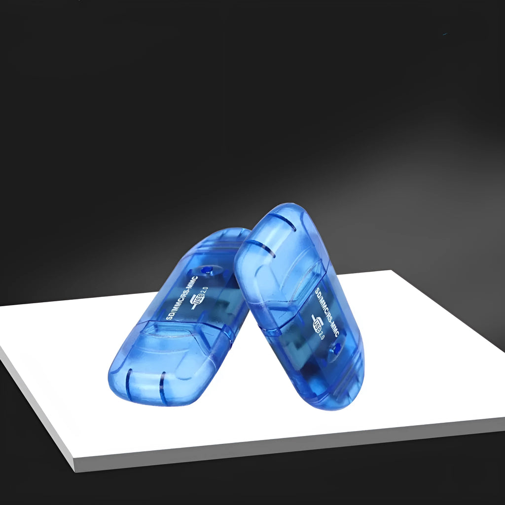 Transparent plastic USB card reader with LED light option on desk