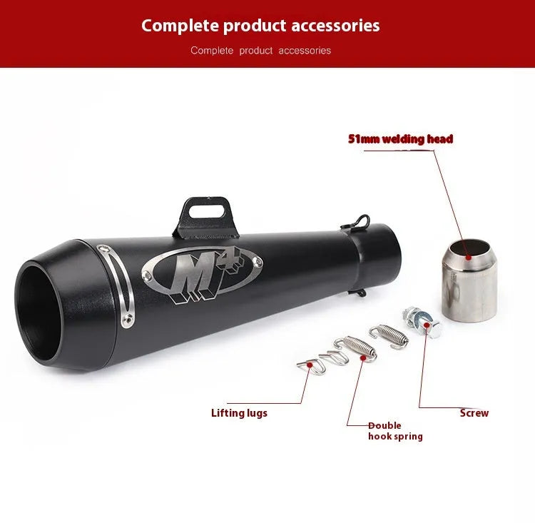 Universal M4 motorcycle exhaust pipe in multiple finishes including black steel and titanium colour