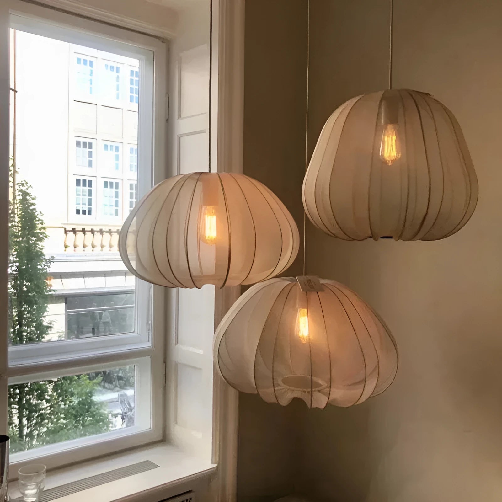 Japanese style pumpkin-shaped ceiling pendant lamp with branching arms and integrated LED lighting in grey blue finish