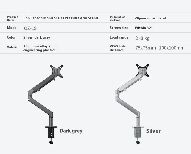 Free Hover Notebook Air Pressure Arm Bracket aluminium alloy adjustable stand in silver on desk