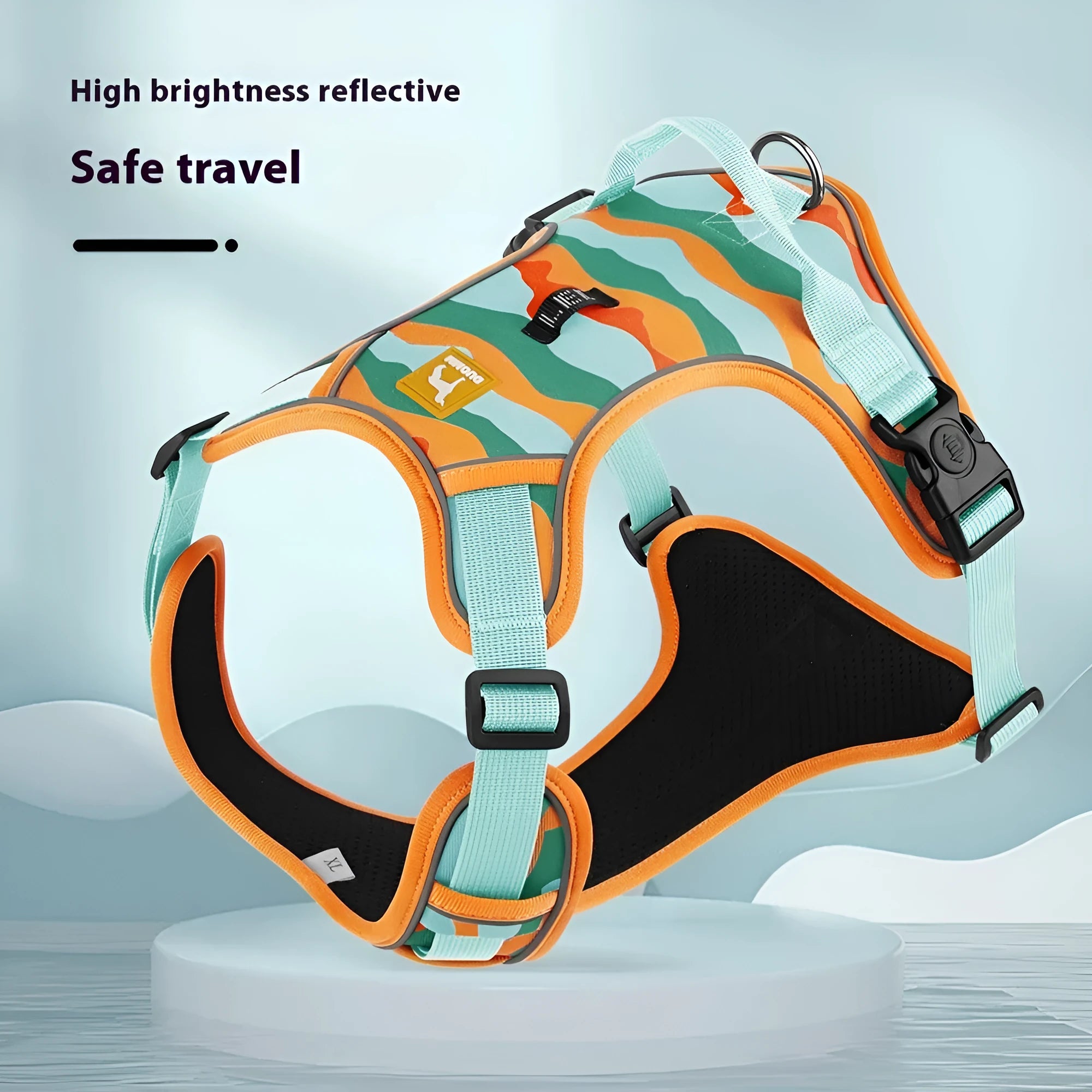 Orange reflective dog walking rope with chest and back harness design on Oxford cloth