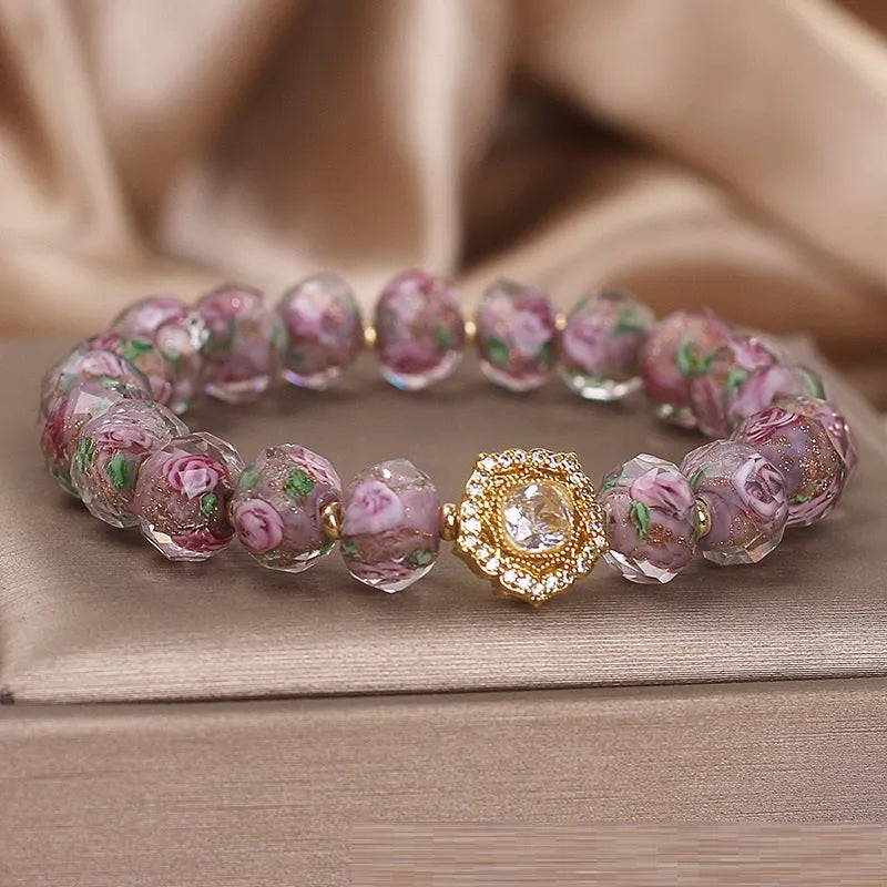 Purple glass and colored glaze amethyst style bracelet with electroplated finish for women