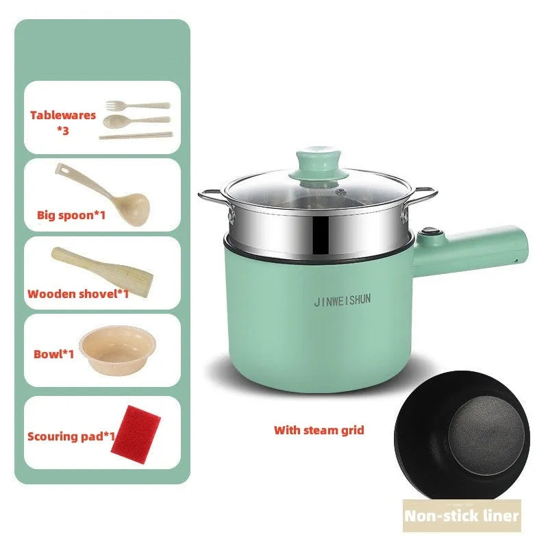 White, green, and khaki mini electric hot pot with non-stick interior and control panel.