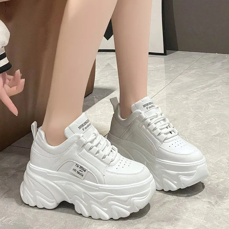 Height increasing insole dad shoes for women, super high heel, mesh upper, black colour, front lace-up