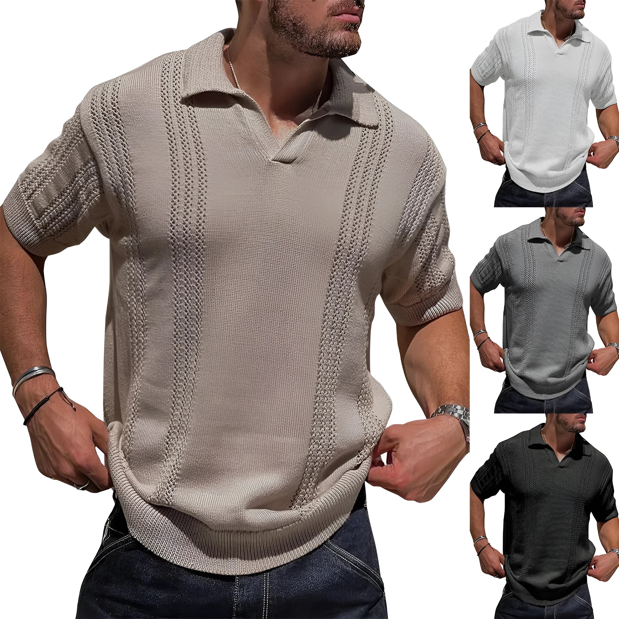 Men's knitted polo shirt short sleeve V-neck hollow in black cotton blend loose fit