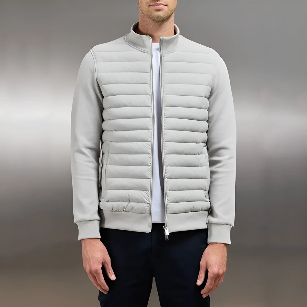 Men's lightweight stand collar coat with knitted stitching in solid colour, available in black, light gray, and navy blue