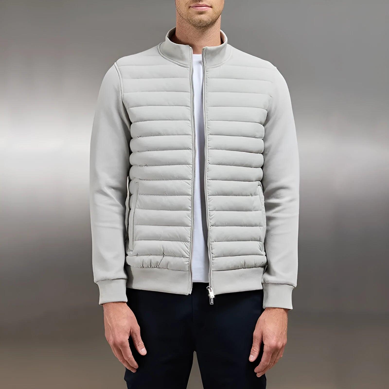 Men's lightweight stand collar coat with knitted stitching in solid colour, available in black, light gray, and navy blue
