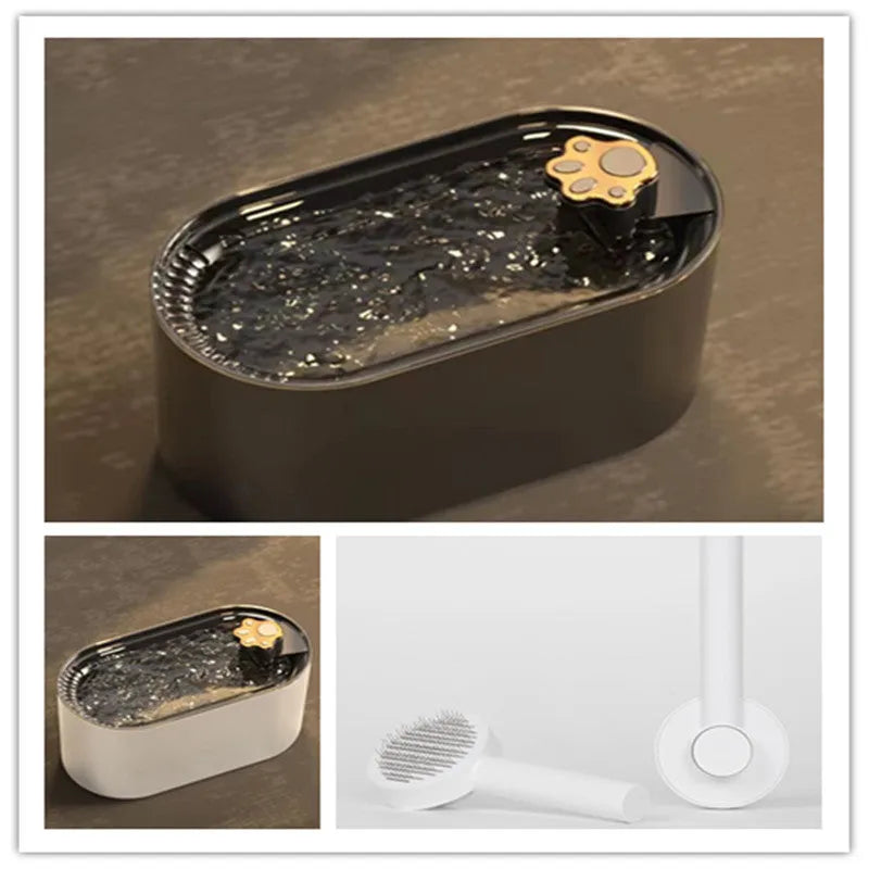 Berlin blue automatic pet water fountain with triple filter and LED light on a wooden floor.