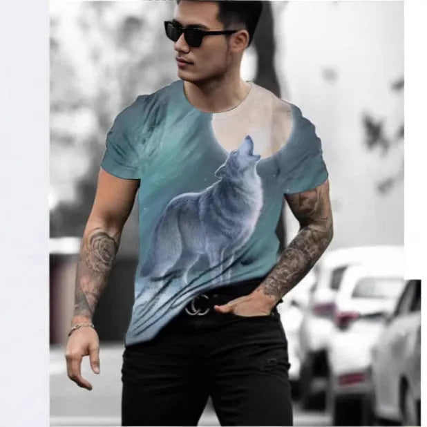Man modelling a short-sleeved grey T-shirt with a retro-style 3D animal graphic print on the front.