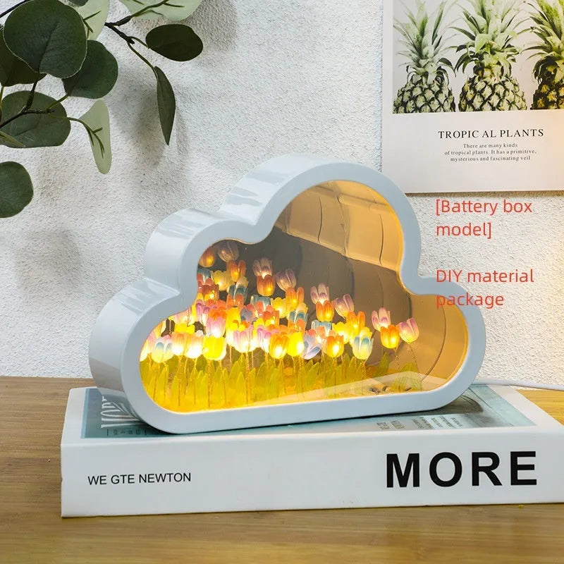 DIY cloud tulip decorative night lamp with LED lights and mirror surface for bedroom or desk