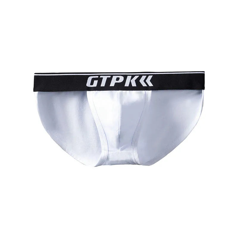 Men's low waist high fork cotton briefs in solid colour black, laid flat showing the cut and waistband