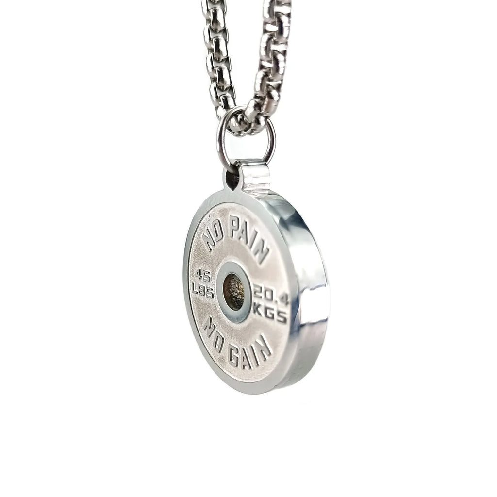 Polished stainless steel barbell disk pendant necklace on a choice of pearl, gold, or black 60cm chain.