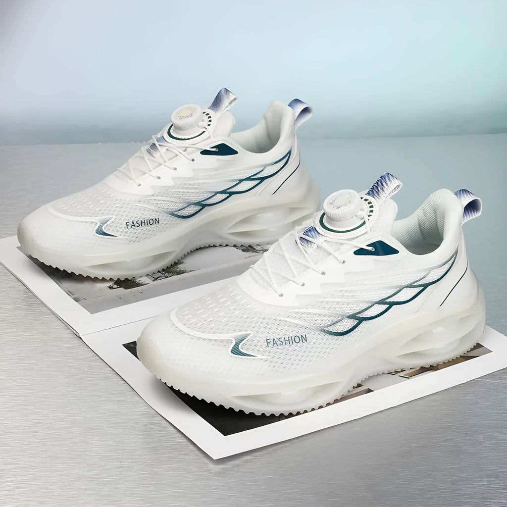 Casual neutral running shoes in sky blue with mesh upper, rubber sole, and lace-up front.