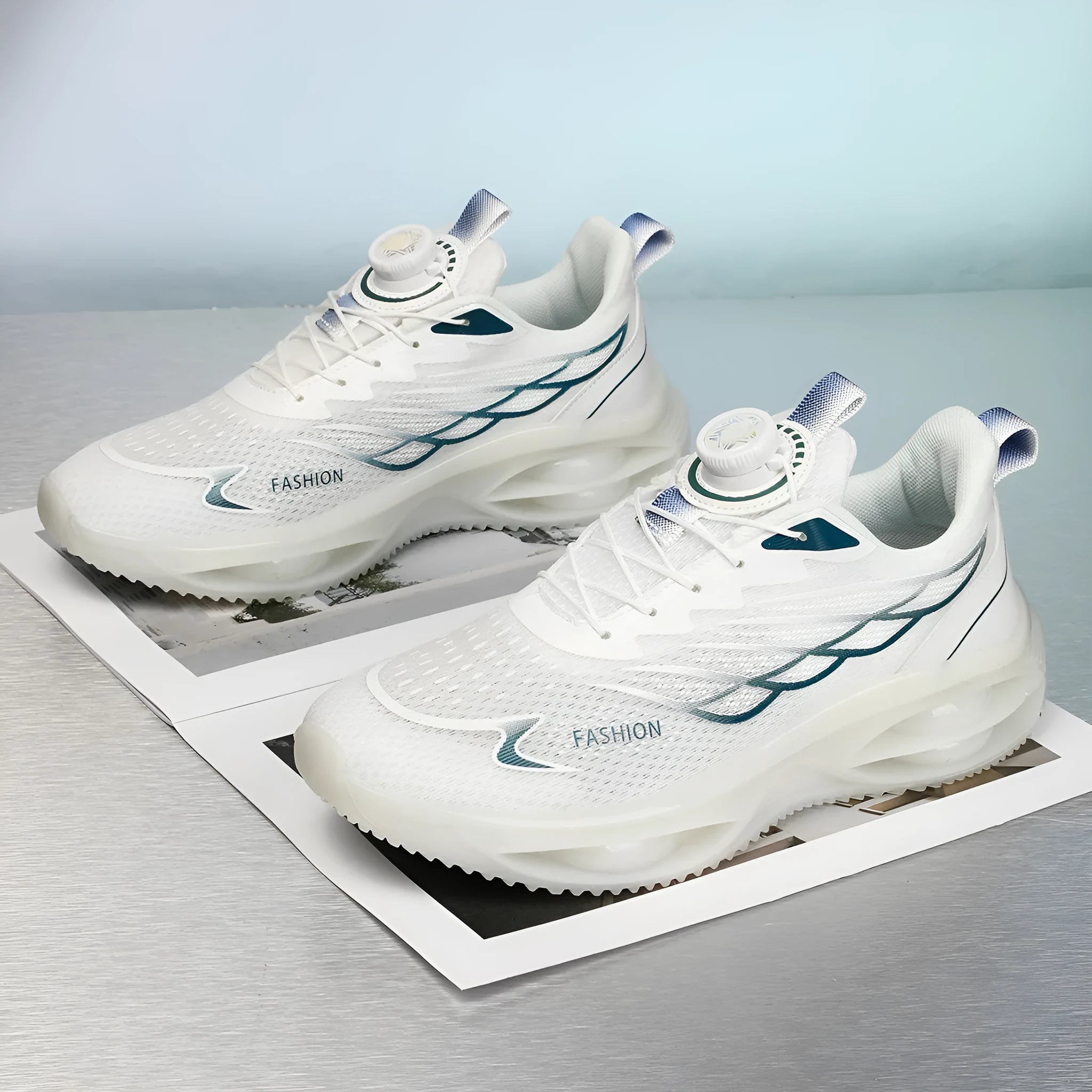 Casual neutral running shoes in sky blue with mesh upper, rubber sole, and lace-up front.