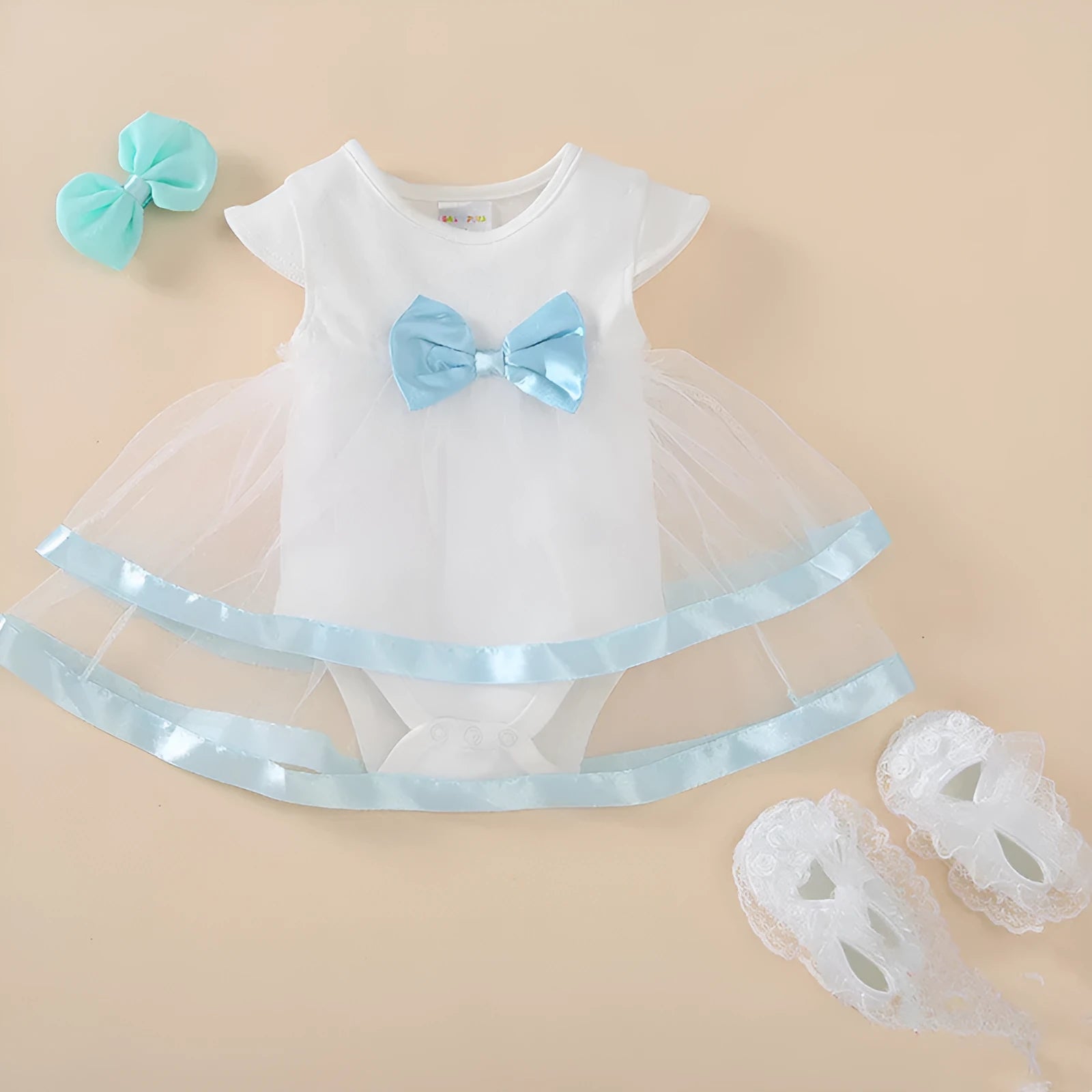 Baby girl cotton lace princess dress with pleated skirt, matching shoes and hairband in pink, red or white
