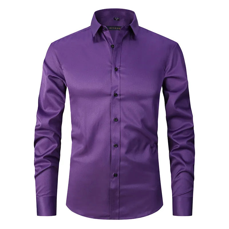 Men's stretch polyester long sleeve work shirt shown in a colour option, laid flat to show design.