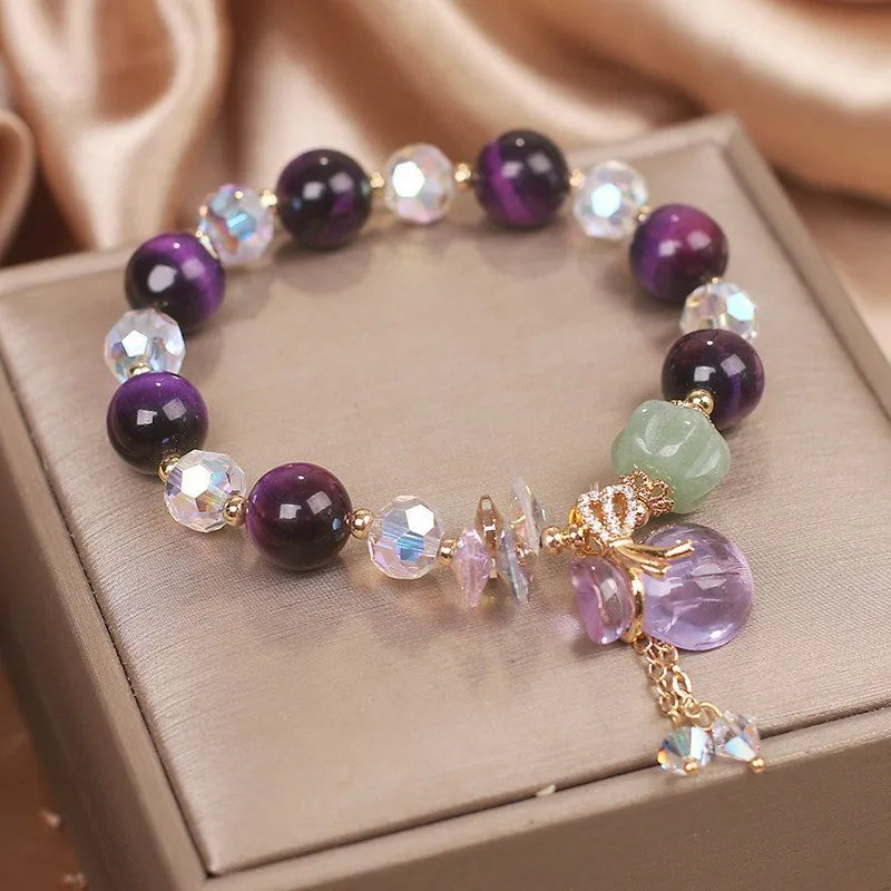 Forest style women's crystal bracelet with purple tigereye money bag pendant and rhinestone decoration