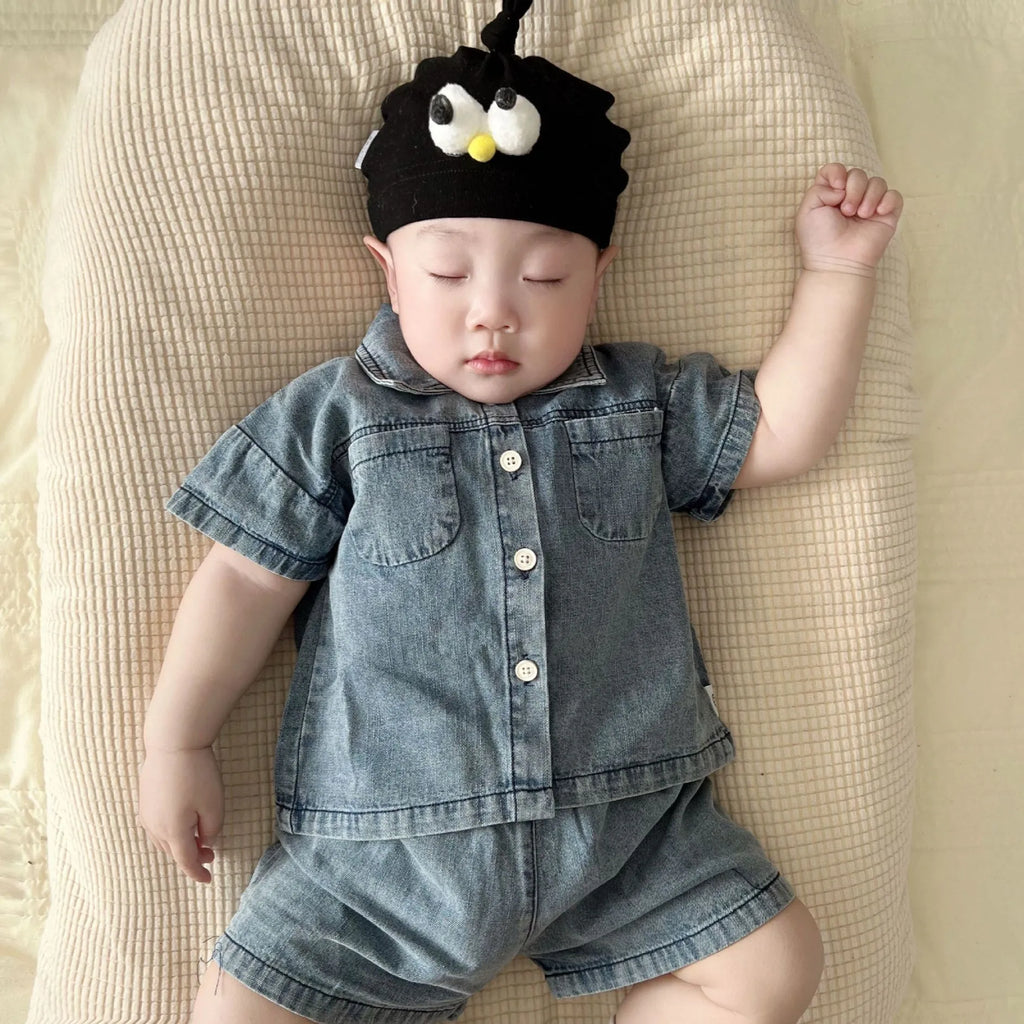 Children's cotton denim summer suit set in light blue with shorts, for heights 73-120cm