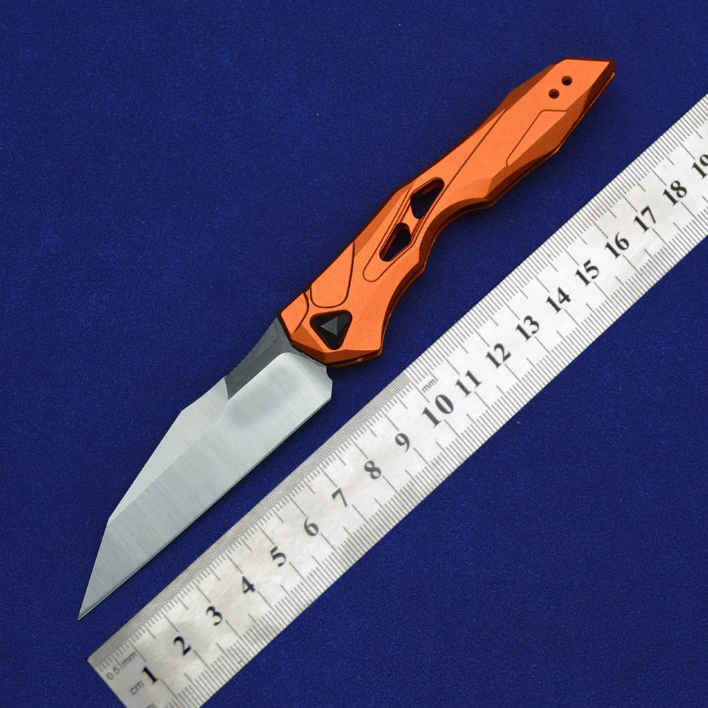 Black folding fruit knife with D2 steel blade and aviation aluminium handle shown open