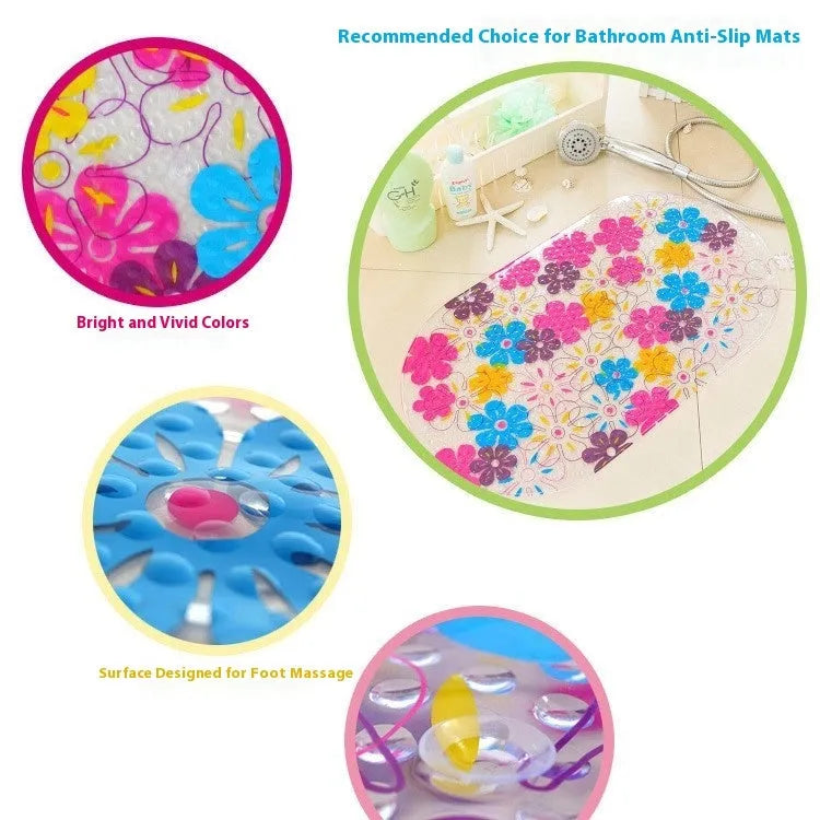 Oval non-slip bathroom mat with cartoon sea turtle and starfish print, 69x38cm, PVC material