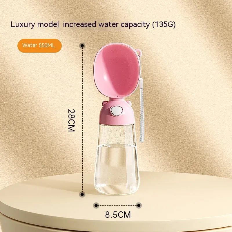 Portable dog water bottle and food container with built-in bowl in yellow, pink or brown colours