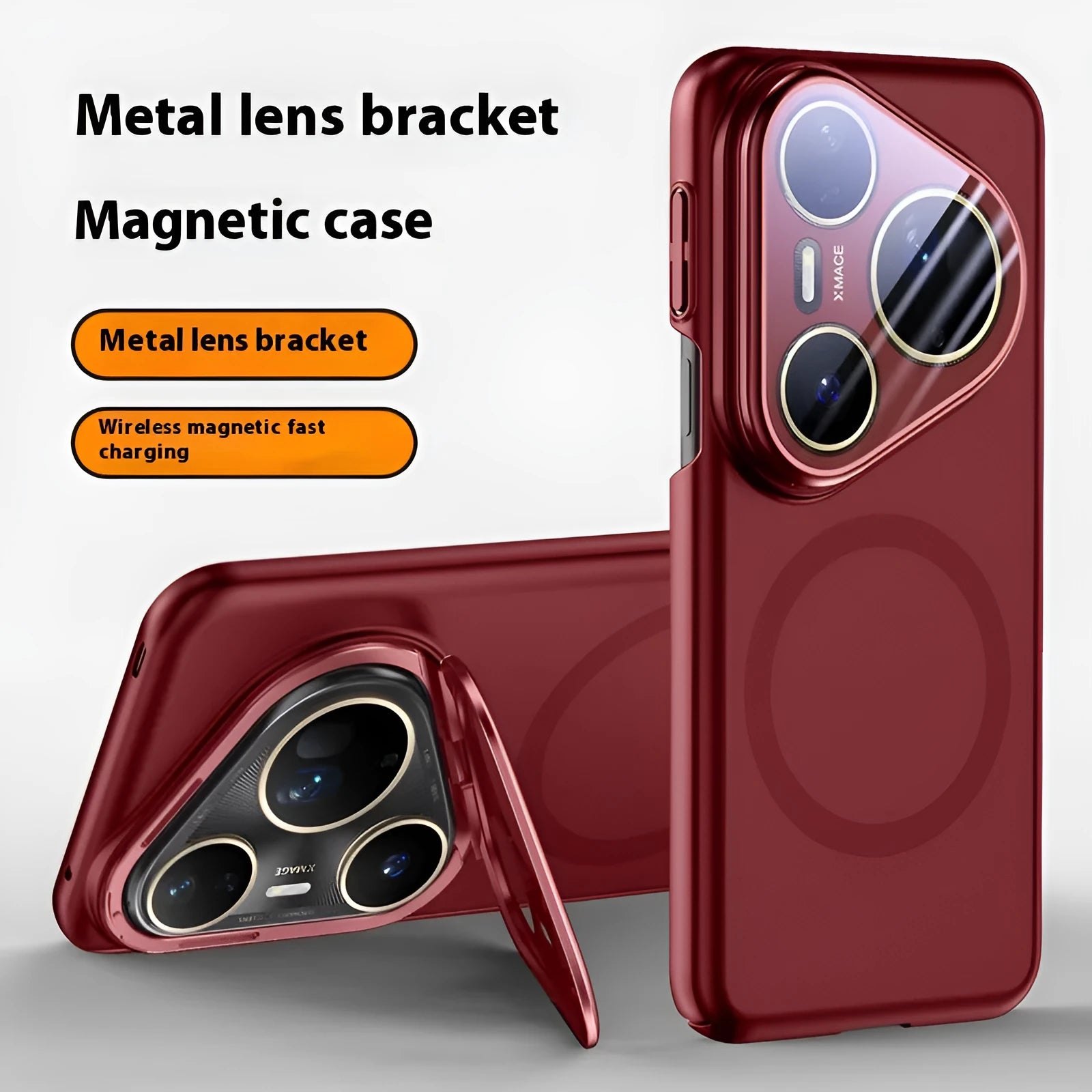 Huawei P80 Pro magnetic lens bracket phone case in frosted black finish showing back-mounted bracket