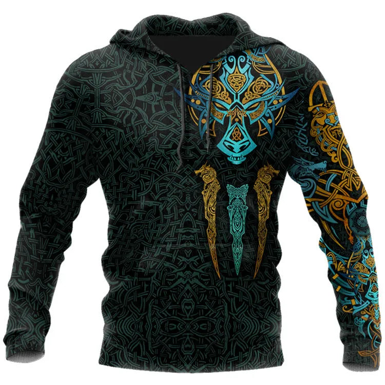Men's animal print polyester pullover hoodie with long sleeves and round neck in street trend style