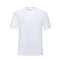 Black and white cotton T-shirt with round neck and short sleeves on hanger