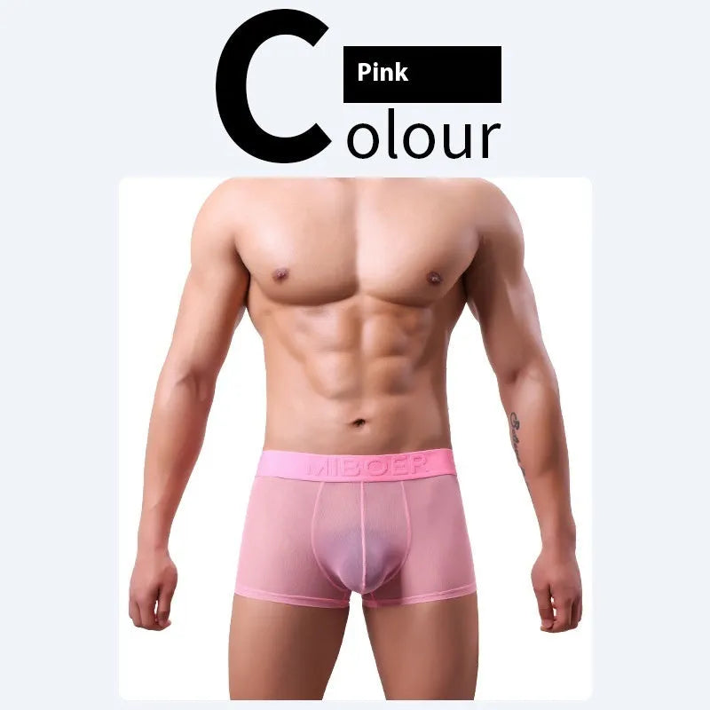 Men's thin invisible boxer shorts in quick-drying polyester fabric on a colour swatch showing black, white, blue, green, pink, and beige.