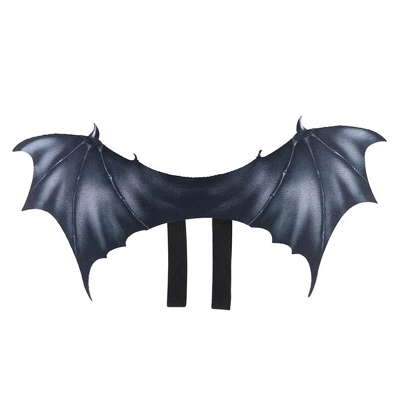 Black cloth bat wings Halloween costume for pets shown in three sizes