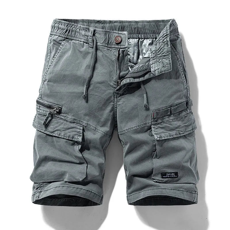 Men's cotton multi-pocket summer shorts in Army Green with micro elasticity and zip fly