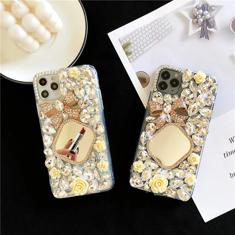 Rhinestone mirror bow silicone phone case for iPhone, aura bright white flower colour, all-inclusive design
