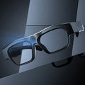 Head-mounted black smart Bluetooth glasses with camera, ABS frame, and touch button controls