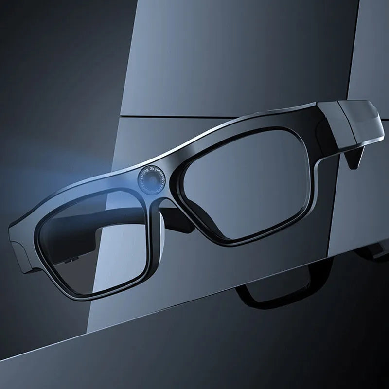 Head-mounted black smart Bluetooth glasses with camera, ABS frame, and touch button controls