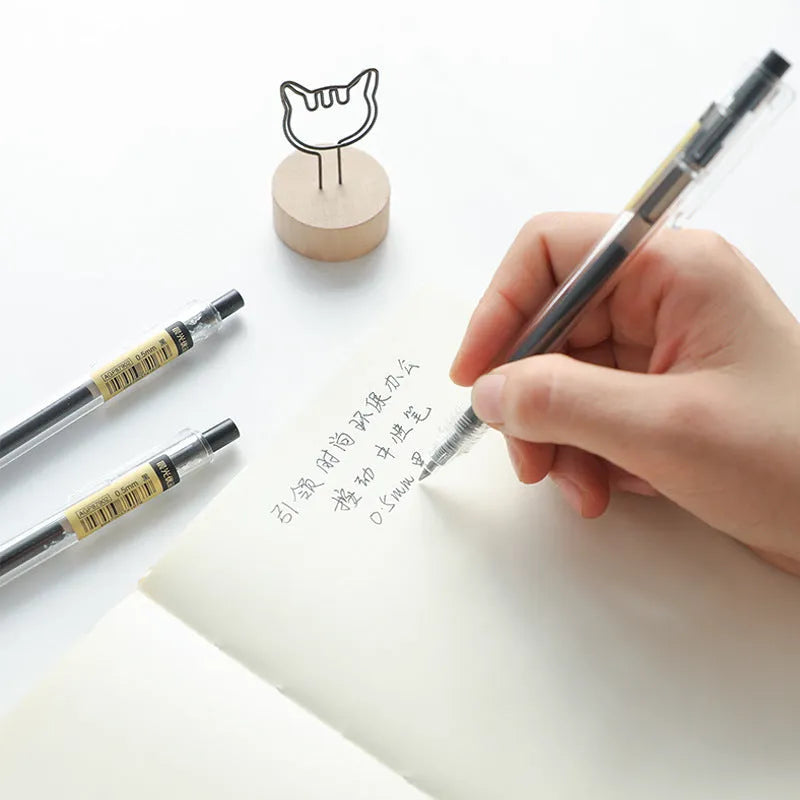 12 black retractable gel pens with frosted stick barrels and 0.5mm tips plus 2 refills