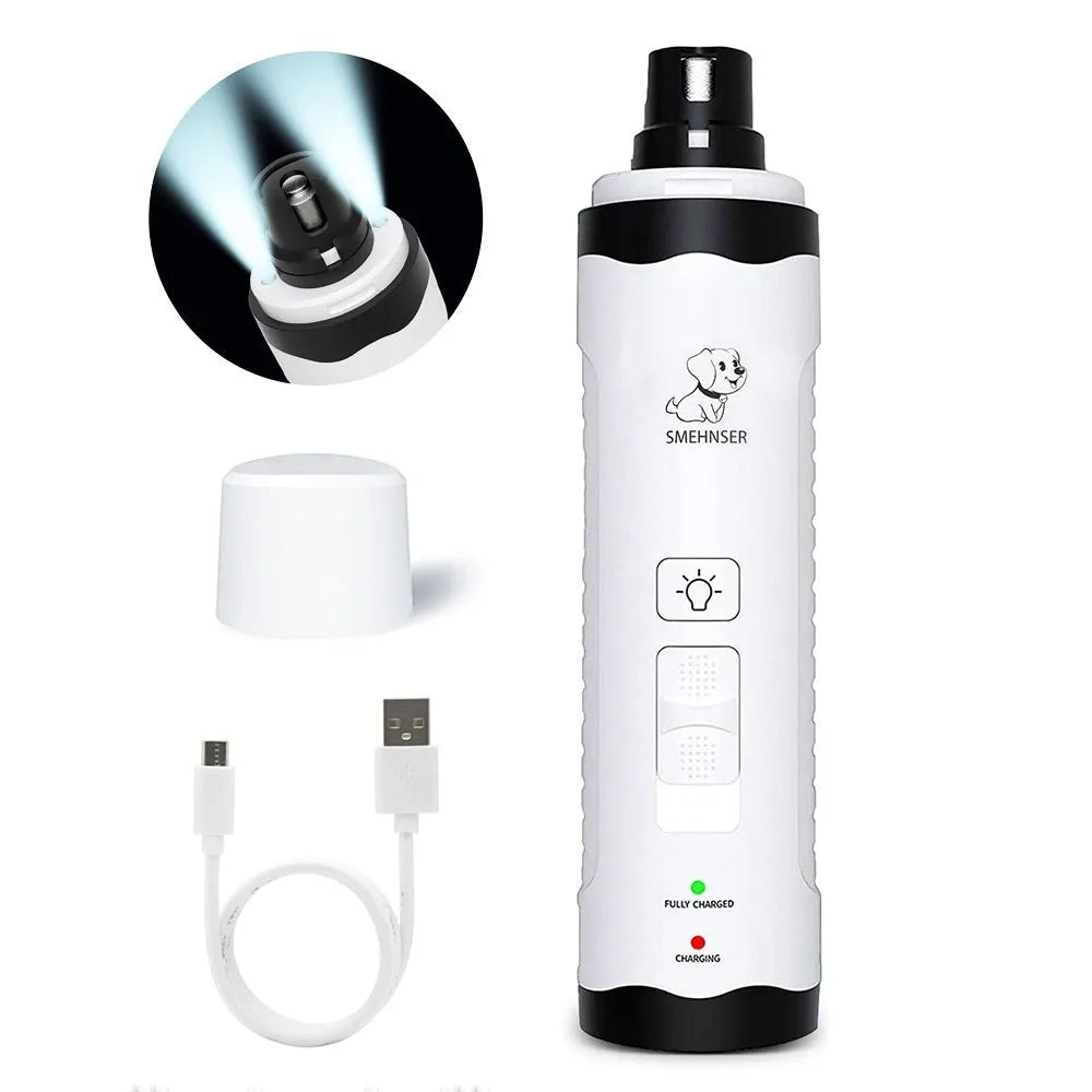 Electric dog nail grinder with automatic piercing head, LED display, and handheld design on a white background.