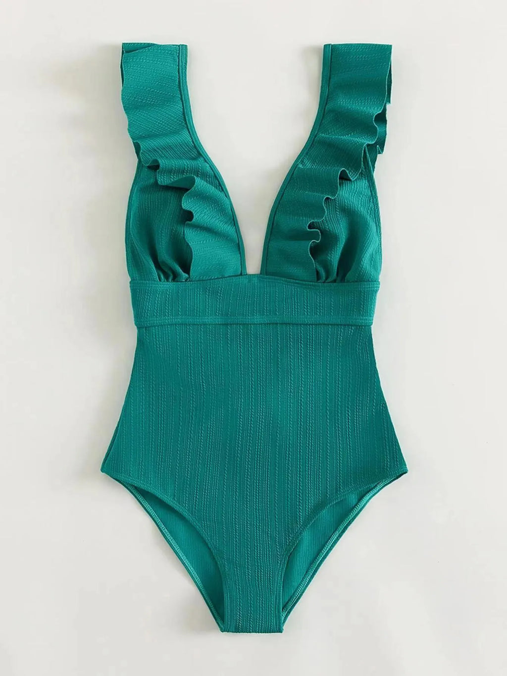 Women's black one-piece swimsuit with ruffled shoulder straps and lace-up back.