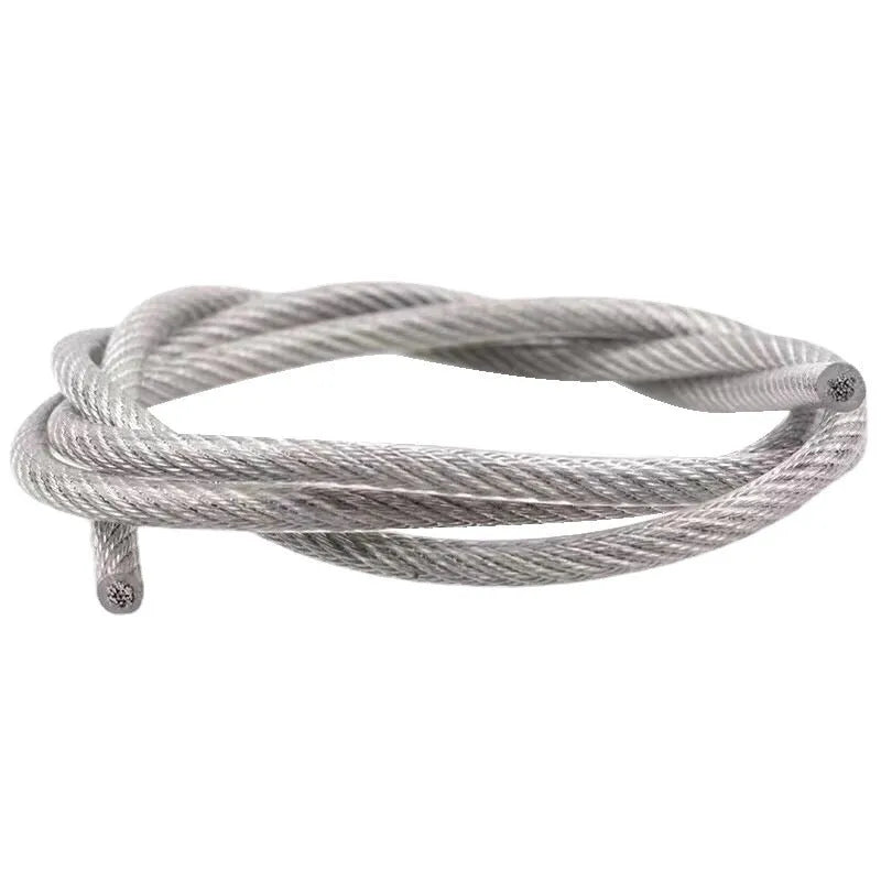 304 stainless steel coated security wire rope on a reel, showing its multi-strand construction and available thickness options.