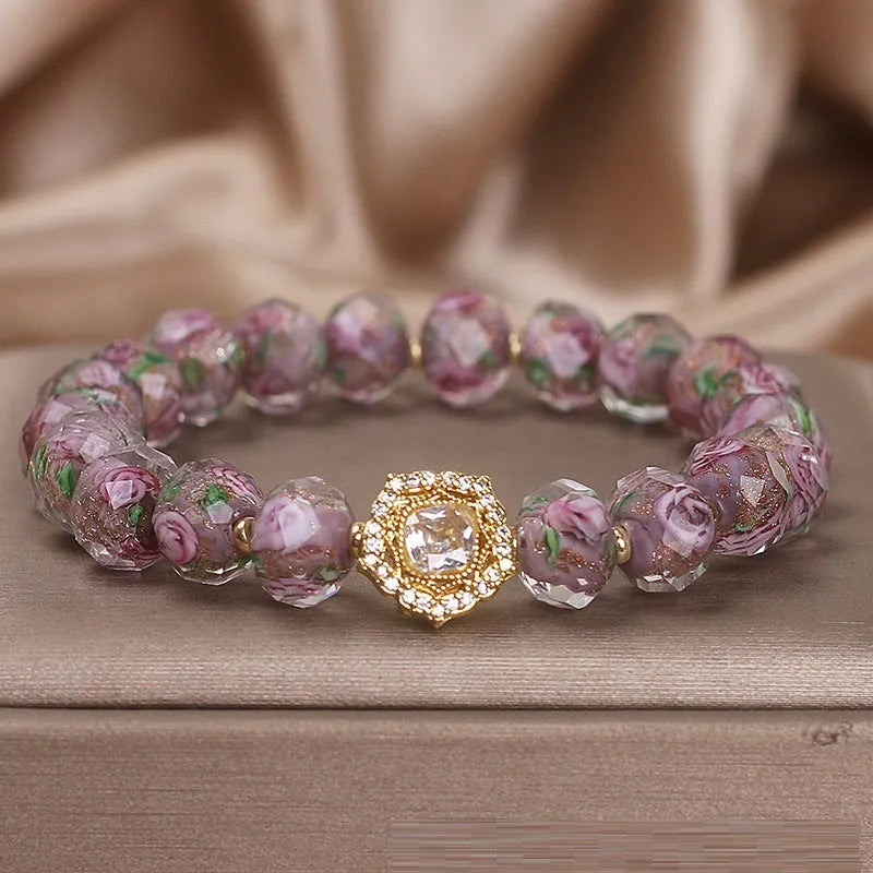 Purple glass and colored glaze amethyst style bracelet with electroplated finish for women