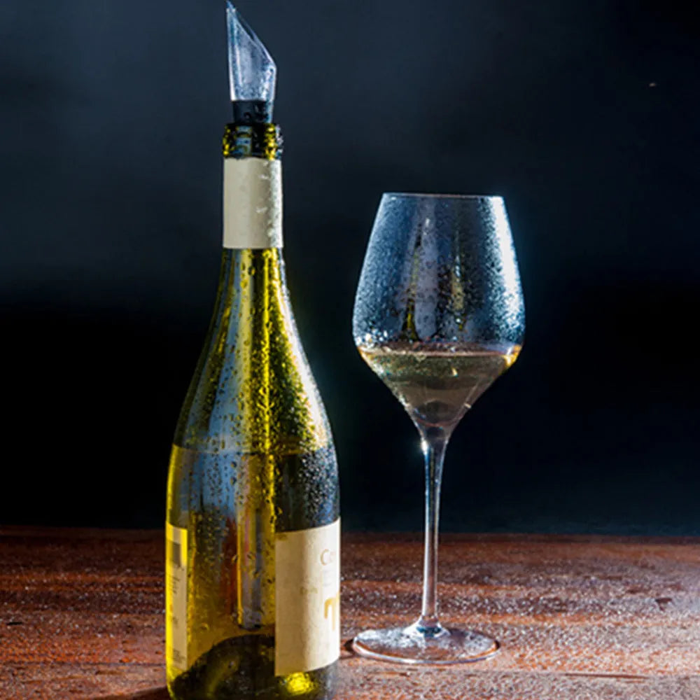 Stainless steel wine bottle cooler stick with acrylic pourer, shown in silver finish.